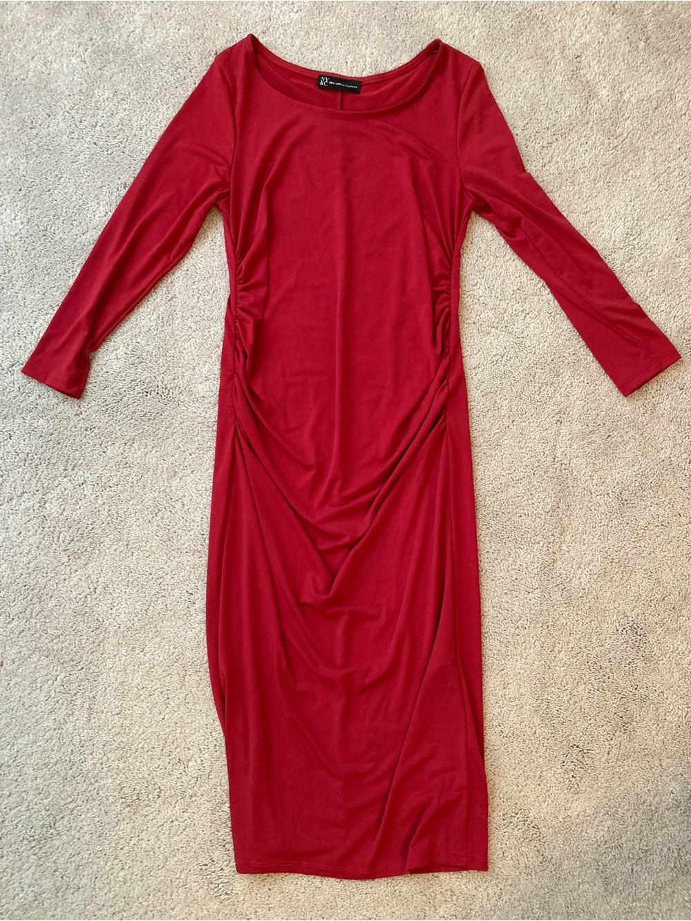 New York & Company Maternity Red Ruched Long-Sleeve Midi Dress